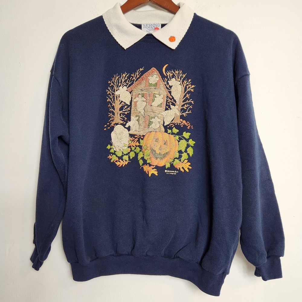 Vintage 90s Halloween Sweater L Ghost Haunted House Pumpkin Collar Grandmacore